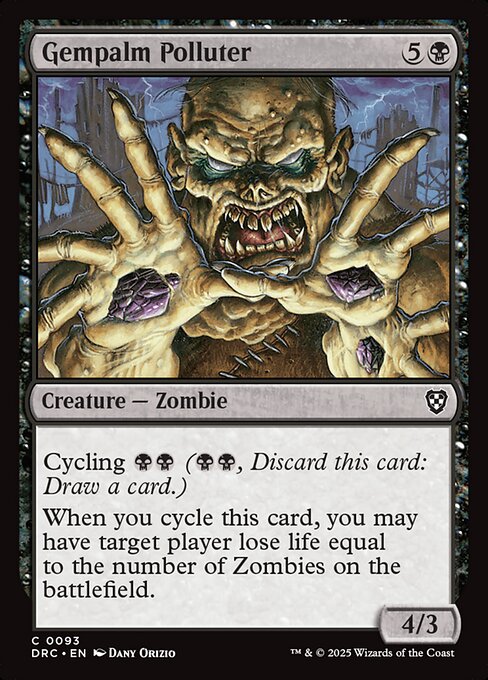 Cycling {B}{B} ({B}{B}, Discard this card: Draw a card.)
When you cycle this creature, you may have target player lose life equal to the number of Zombies on the battlefield.