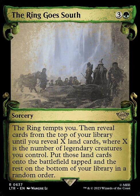 The Ring tempts you. Then reveal cards from the top of your library until you reveal X land cards, where X is the number of legendary creatures you control. Put those land cards onto the battlefield tapped and the rest on the bottom of your library in a random order.