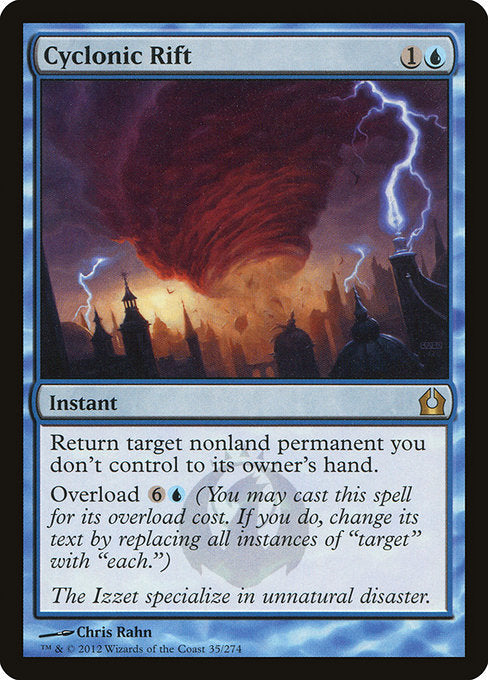 Return target nonland permanent you don't control to its owner's hand.
Overload {6}{U} (You may cast this spell for its overload cost. If you do, change "target" in its text to "each.")