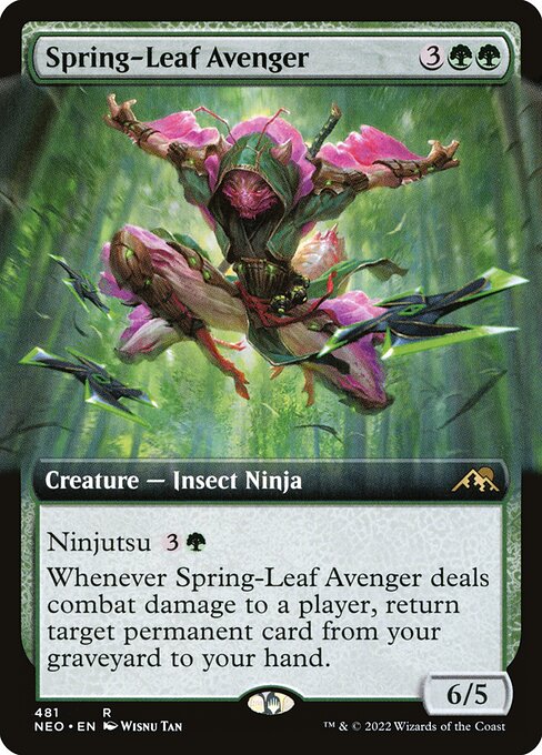 Ninjutsu {3}{G} ({3}{G}, Return an unblocked attacker you control to hand: Put this card onto the battlefield from your hand tapped and attacking.)
Whenever Spring-Leaf Avenger deals combat damage to a player, return target permanent card from your graveyard to your hand.