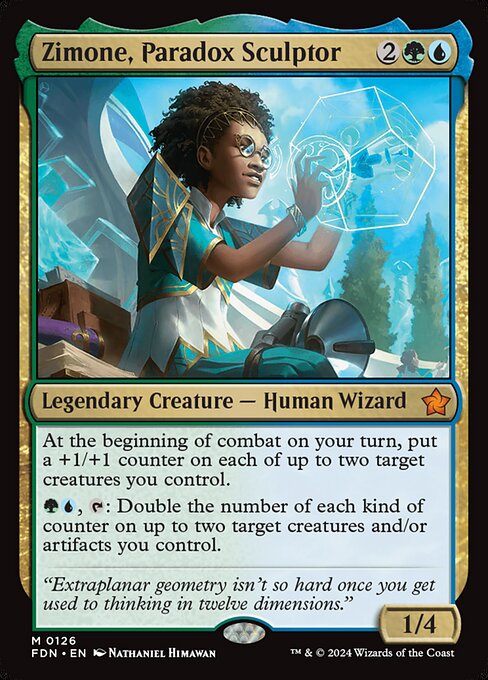 At the beginning of combat on your turn, put a +1/+1 counter on each of up to two target creatures you control.
{G}{U}, {T}: Double the number of each kind of counter on up to two target creatures and/or artifacts you control.