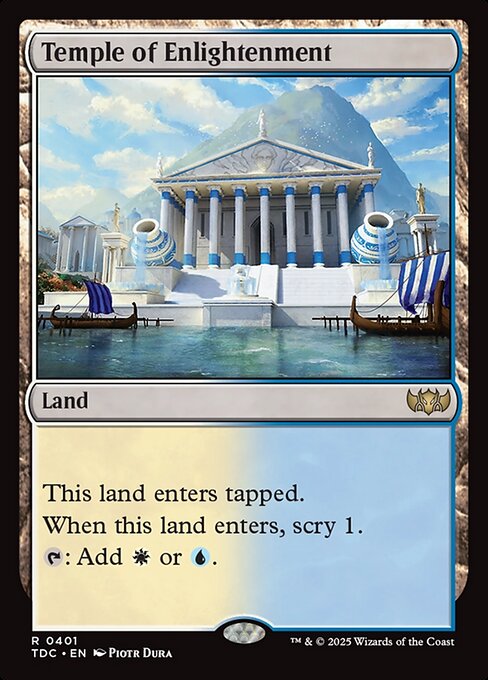 This land enters tapped.
When this land enters, scry 1. (Look at the top card of your library. You may put that card on the bottom.)
{T}: Add {W} or {U}.