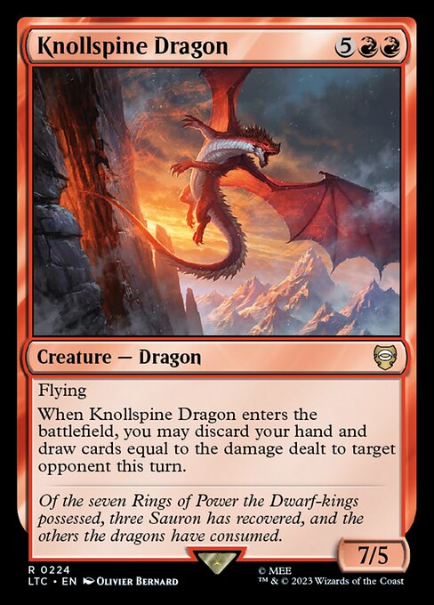 Flying
When Knollspine Dragon enters, you may discard your hand and draw cards equal to the damage dealt to target opponent this turn.