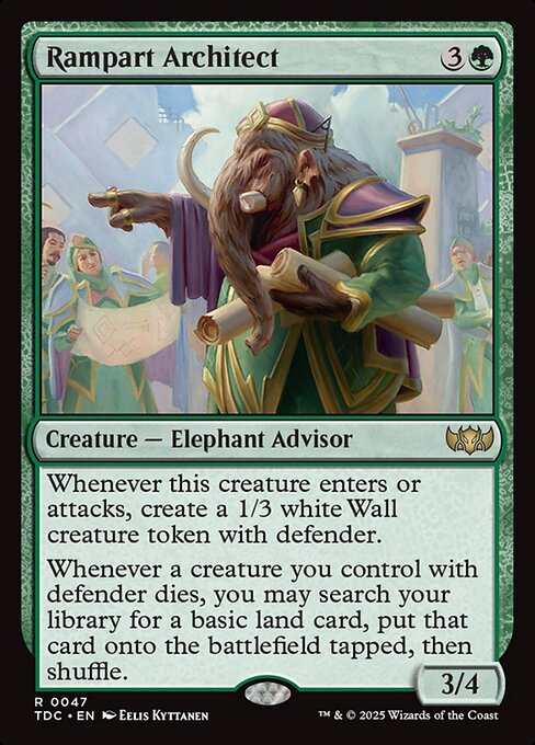Whenever this creature enters or attacks, create a 1/3 white Wall creature token with defender.
Whenever a creature you control with defender dies, you may search your library for a basic land card, put that card onto the battlefield tapped, then shuffle.