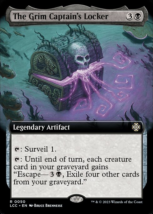 {T}: Surveil 1. (Look at the top card of your library. You may put it into your graveyard.)
{T}: Until end of turn, each creature card in your graveyard gains "Escape—{3}{B}, Exile four other cards from your graveyard." (You may cast a card with escape from your graveyard for its escape cost.)