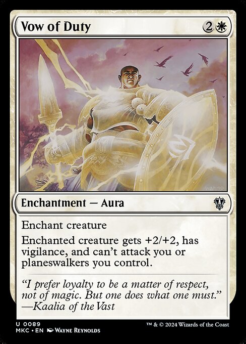 Enchant creature
Enchanted creature gets +2/+2, has vigilance, and can't attack you or planeswalkers you control.