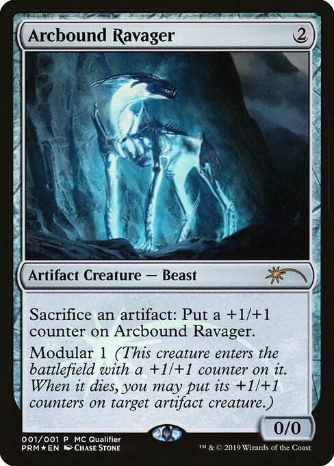 Sacrifice an artifact: Put a +1/+1 counter on Arcbound Ravager.
Modular 1 (This creature enters the battlefield with a +1/+1 counter on it. When it dies, you may put its +1/+1 counters on target artifact creature.)