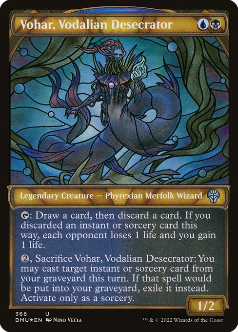 {T}: Draw a card, then discard a card. If you discarded an instant or sorcery card this way, each opponent loses 1 life and you gain 1 life.
{2}, Sacrifice Vohar, Vodalian Desecrator: You may cast target instant or sorcery card from your graveyard this turn. If that spell would be put into your graveyard, exile it instead. Activate only as a sorcery.
