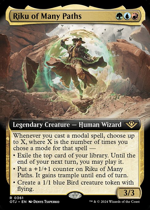 Whenever you cast a modal spell, choose up to X, where X is the number of times you chose a mode for that spell —
• Exile the top card of your library. Until the end of your next turn, you may play it.
• Put a +1/+1 counter on Riku of Many Paths. It gains trample until end of turn.
• Create a 1/1 blue Bird creature token with flying.