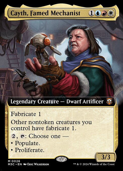Fabricate 1 (When this creature enters the battlefield, put a +1/+1 counter on it or create a 1/1 colorless Servo artifact creature token.)
Other nontoken creatures you control have fabricate 1.
{2}, {T}: Choose one —
• Populate.
• Proliferate.