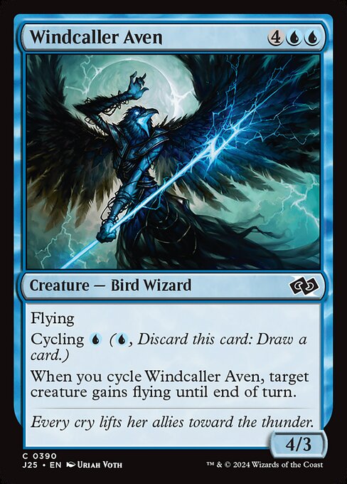 Flying
Cycling {U} ({U}, Discard this card: Draw a card.)
When you cycle Windcaller Aven, target creature gains flying until end of turn.