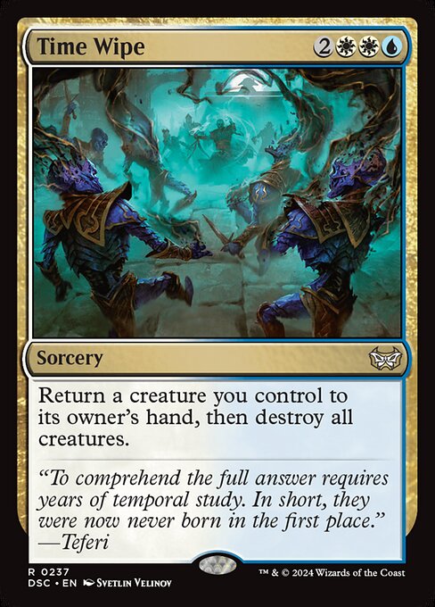 Return a creature you control to its owner's hand, then destroy all creatures.