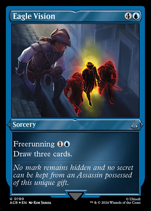 Freerunning {1}{U} (You may cast this spell for its freerunning cost if you dealt combat damage to a player this turn with an Assassin or commander.)
Draw three cards.