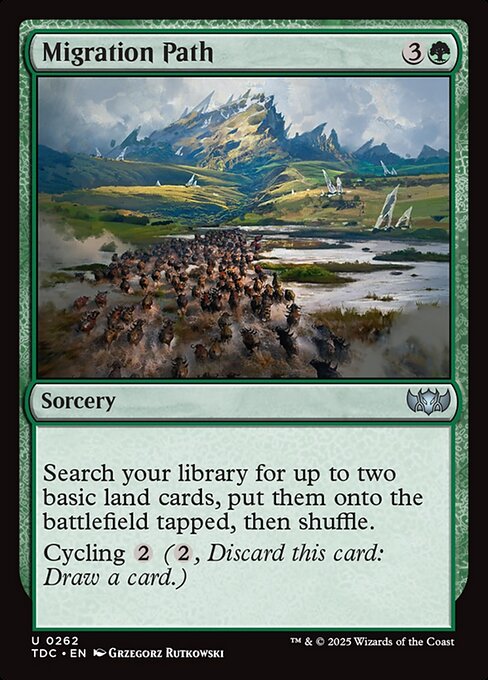 Search your library for up to two basic land cards, put them onto the battlefield tapped, then shuffle.
Cycling {2} ({2}, Discard this card: Draw a card.)