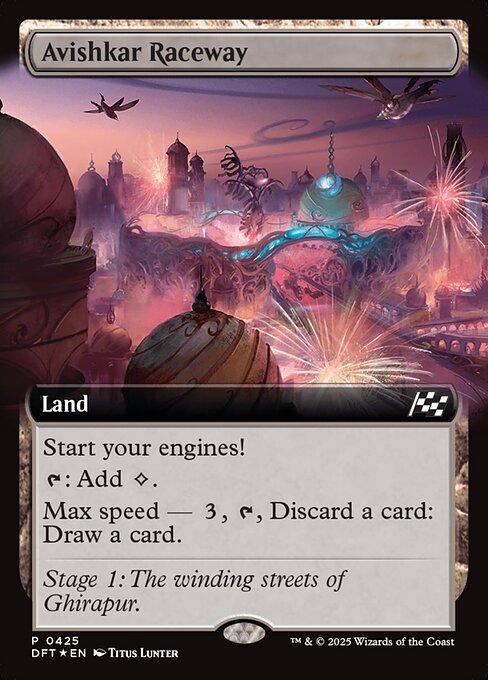 Start your engines! (If you have no speed, it starts at 1. It increases once on each of your turns when an opponent loses life. Max speed is 4.)
{T}: Add {C}.
Max speed — {3}, {T}, Discard a card: Draw a card.
