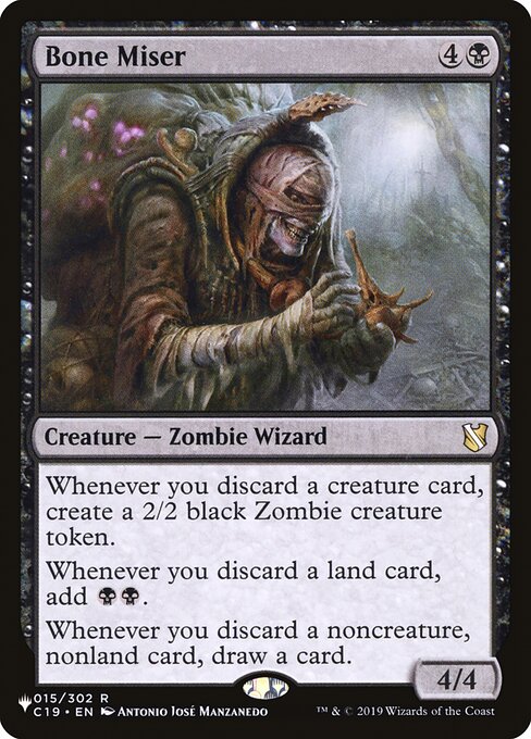 Whenever you discard a creature card, create a 2/2 black Zombie creature token.
Whenever you discard a land card, add {B}{B}.
Whenever you discard a noncreature, nonland card, draw a card.
