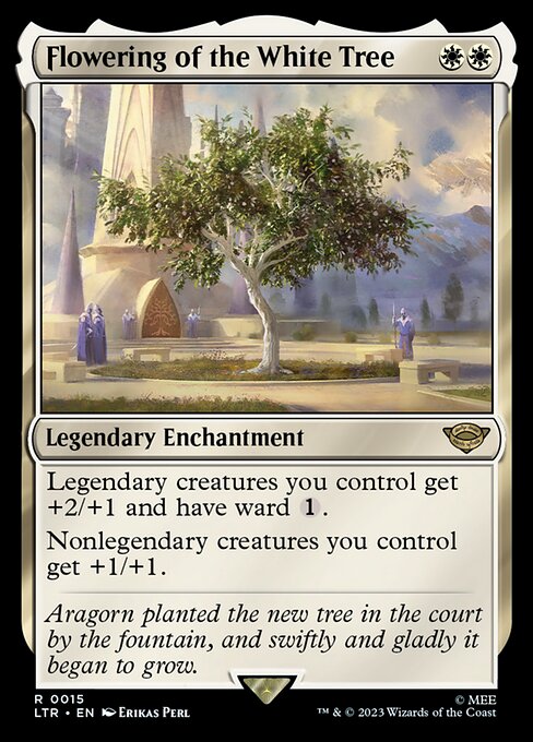 Legendary creatures you control get +2/+1 and have ward {1}.
Nonlegendary creatures you control get +1/+1.