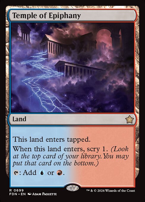 This land enters tapped.
When this land enters, scry 1. (Look at the top card of your library. You may put that card on the bottom.)
{T}: Add {U} or {R}.