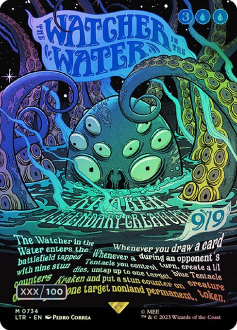 The Watcher in the Water enters the battlefield tapped with nine stun counters on it. (If a permanent with a stun counter would become untapped, remove one from it instead.)
Whenever you draw a card during an opponent's turn, create a 1/1 blue Tentacle creature token.
Whenever a Tentacle you control dies, untap up to one target Kraken and put a stun counter on up to one target nonland permanent.