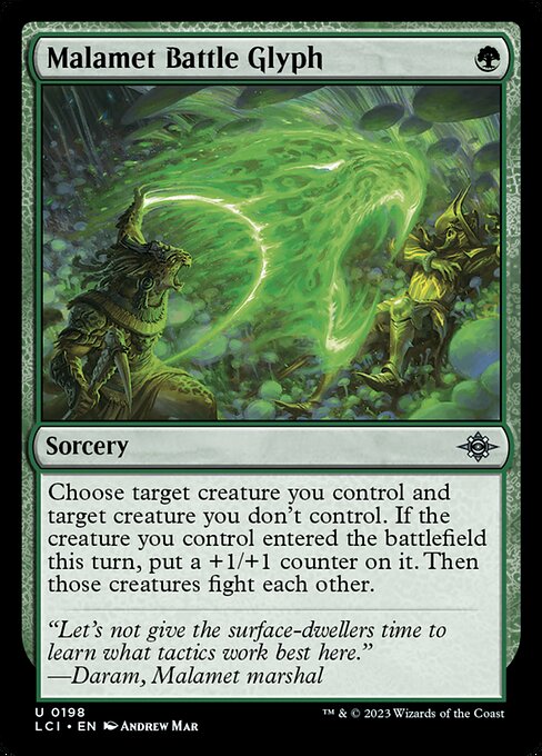 Choose target creature you control and target creature you don't control. If the creature you control entered the battlefield this turn, put a +1/+1 counter on it. Then those creatures fight each other.