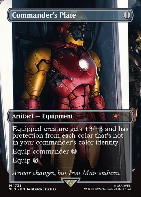Equipped creature gets +3/+3 and has protection from each color that's not in your commander's color identity.
Equip commander {3}
Equip {5}