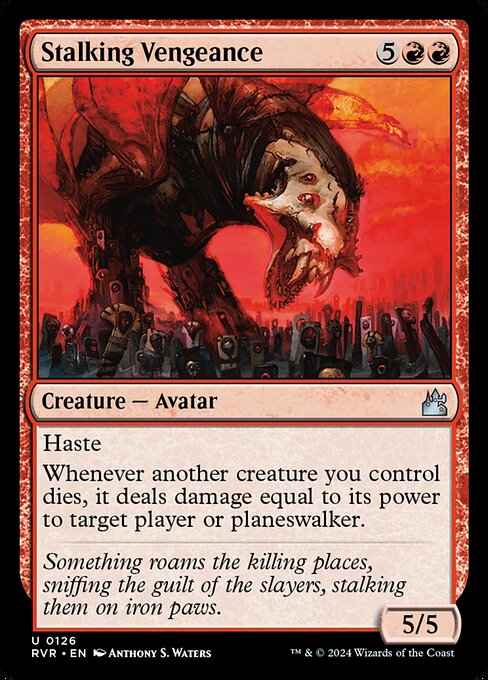 Haste
Whenever another creature you control dies, it deals damage equal to its power to target player or planeswalker.