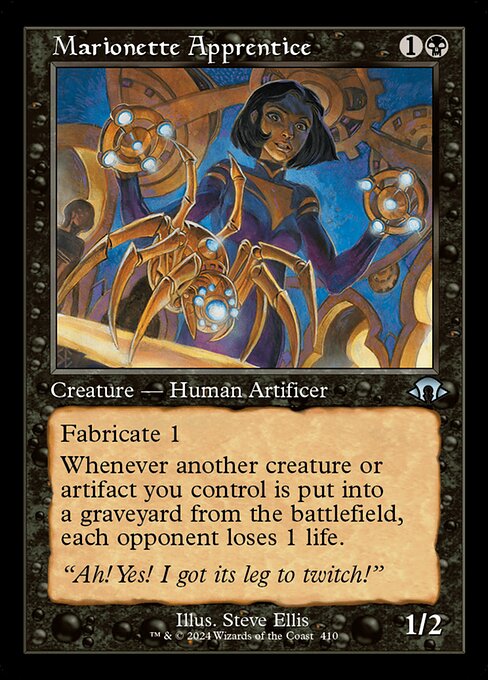 Fabricate 1 (When this creature enters the battlefield, put a +1/+1 counter on it or create a 1/1 colorless Servo artifact creature token.)
Whenever another creature or artifact you control is put into a graveyard from the battlefield, each opponent loses 1 life.