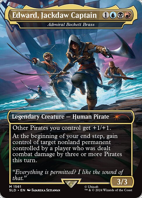 Other Pirates you control get +1/+1.
At the beginning of your end step, gain control of target nonland permanent controlled by a player who was dealt combat damage by three or more Pirates this turn.