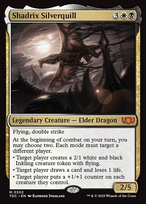 Flying, double strike
At the beginning of combat on your turn, you may choose two. Each mode must target a different player.
• Target player creates a 2/1 white and black Inkling creature token with flying.
• Target player draws a card and loses 1 life.
• Target player puts a +1/+1 counter on each creature they control.