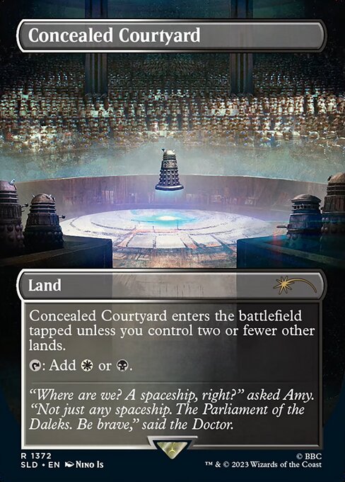Concealed Courtyard enters the battlefield tapped unless you control two or fewer other lands.
{T}: Add {W} or {B}.
