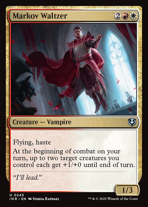 Flying, haste
At the beginning of combat on your turn, up to two target creatures you control each get +1/+0 until end of turn.