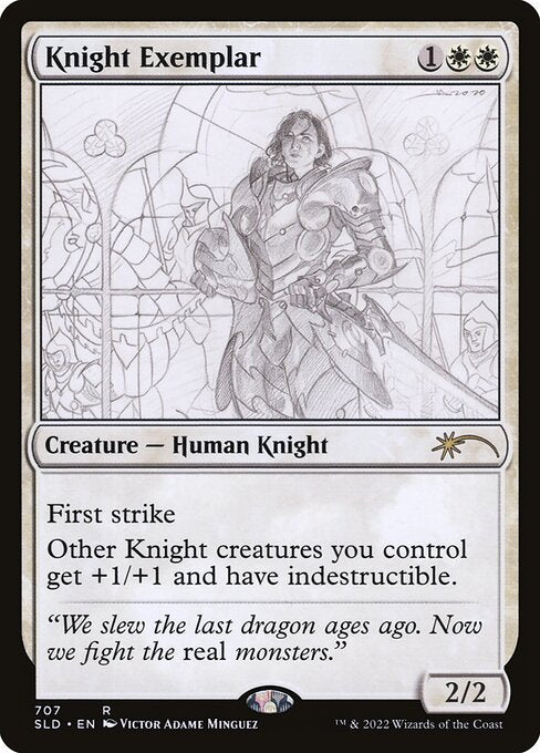 First strike (This creature deals combat damage before creatures without first strike.)
Other Knight creatures you control get +1/+1 and have indestructible. (Damage and effects that say "destroy" don't destroy them.)