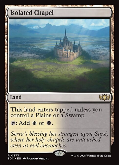 This land enters tapped unless you control a Plains or a Swamp.
{T}: Add {W} or {B}.