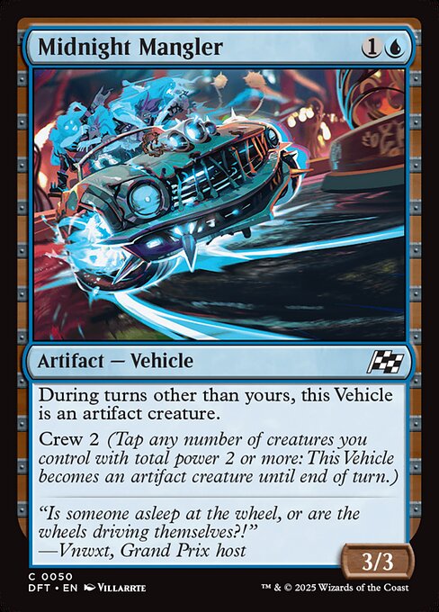 During turns other than yours, this Vehicle is an artifact creature.
Crew 2 (Tap any number of creatures you control with total power 2 or more: This Vehicle becomes an artifact creature until end of turn.)