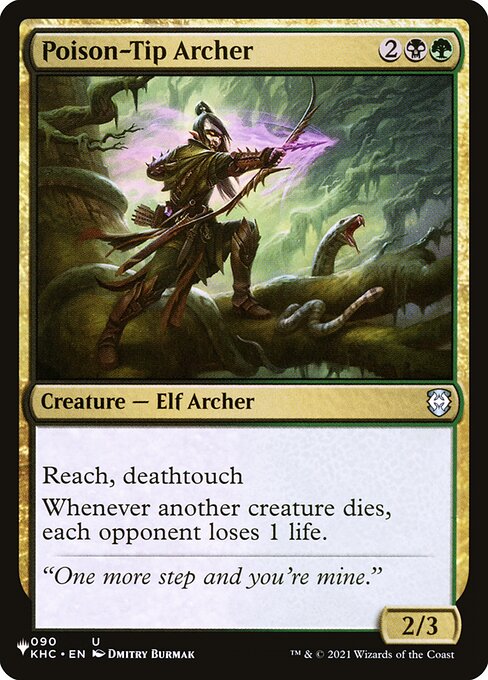 Reach (This creature can block creatures with flying.)
Deathtouch (Any amount of damage this deals to a creature is enough to destroy it.)
Whenever another creature dies, each opponent loses 1 life.