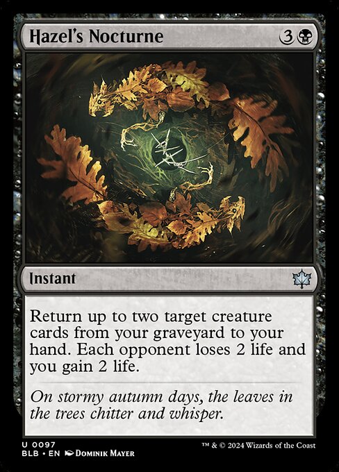 Return up to two target creature cards from your graveyard to your hand. Each opponent loses 2 life and you gain 2 life.
