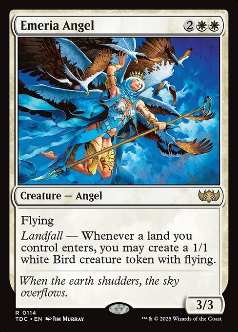 Flying
Landfall — Whenever a land you control enters, you may create a 1/1 white Bird creature token with flying.