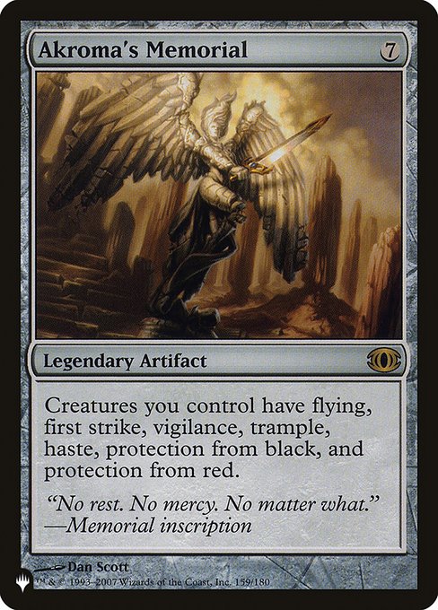 Creatures you control have flying, first strike, vigilance, trample, haste, and protection from black and from red.