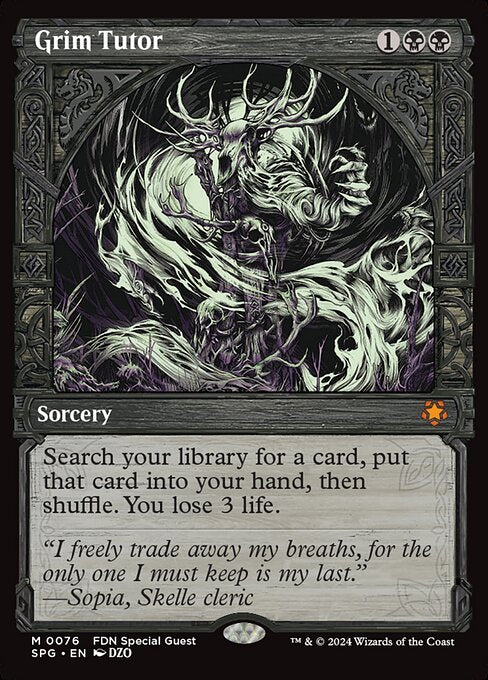 Search your library for a card, put that card into your hand, then shuffle. You lose 3 life.