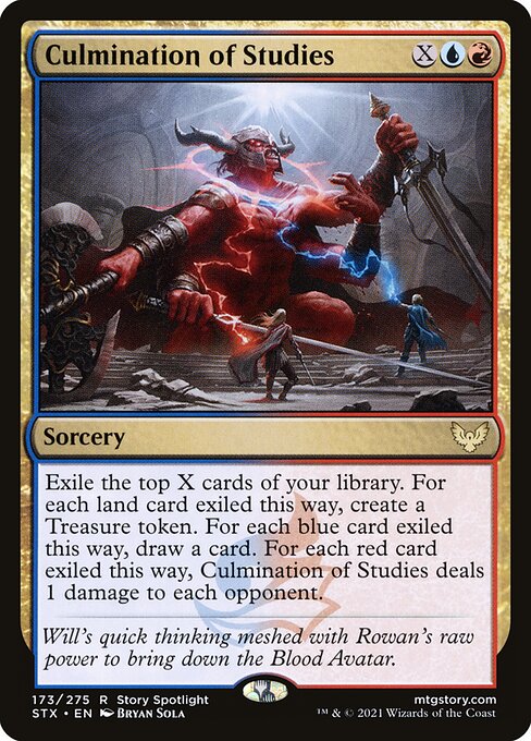 Exile the top X cards of your library. For each land card exiled this way, create a Treasure token. For each blue card exiled this way, draw a card. For each red card exiled this way, Culmination of Studies deals 1 damage to each opponent.