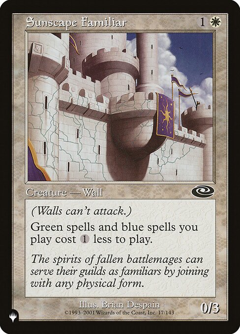 Defender (This creature can't attack.)
Green spells and blue spells you cast cost {1} less to cast.