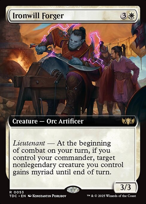 Lieutenant — At the beginning of combat on your turn, if you control your commander, target nonlegendary creature you control gains myriad until end of turn. (Whenever it attacks, for each opponent other than defending player, you may create a token copy that's tapped and attacking that player or a planeswalker they control. Exile the tokens at end of combat.)