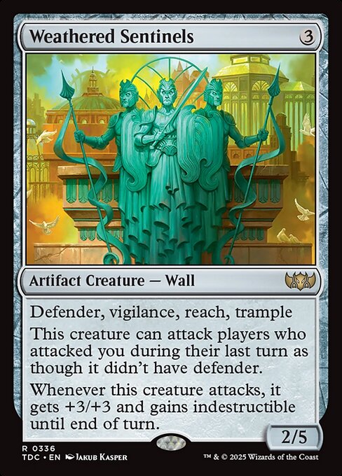 Defender, vigilance, reach, trample
This creature can attack players who attacked you during their last turn as though it didn't have defender.
Whenever this creature attacks, it gets +3/+3 and gains indestructible until end of turn.