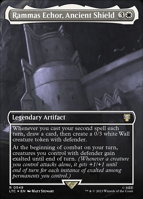 Whenever you cast your second spell each turn, draw a card, then create a 0/3 white Wall creature token with defender.
At the beginning of combat on your turn, creatures you control with defender gain exalted until end of turn. (Whenever a creature you control attacks alone, it gets +1/+1 until end of turn for each instance of exalted among permanents you control.)