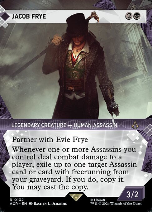 Partner with Evie Frye (When this creature enters the battlefield, target player may put Evie into their hand from their library, then shuffle.)
Whenever one or more Assassins you control deal combat damage to a player, exile up to one target Assassin card or card with freerunning from your graveyard. If you do, copy it. You may cast the copy.