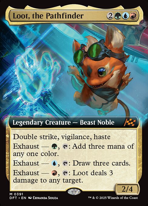 Double strike, vigilance, haste
Exhaust — {G}, {T}: Add three mana of any one color. (Activate each exhaust ability only once.)
Exhaust — {U}, {T}: Draw three cards.
Exhaust — {R}, {T}: Loot deals 3 damage to any target.