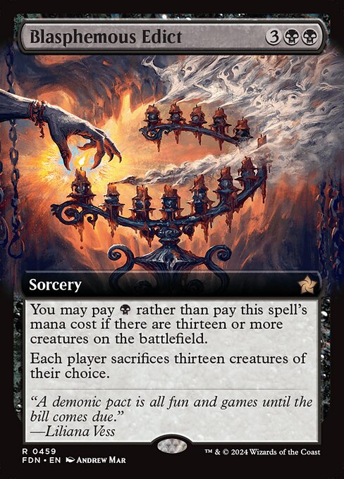 You may pay {B} rather than pay this spell's mana cost if there are thirteen or more creatures on the battlefield.
Each player sacrifices thirteen creatures of their choice.