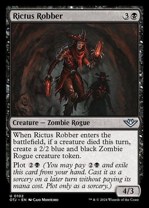 When Rictus Robber enters the battlefield, if a creature died this turn, create a 2/2 blue and black Zombie Rogue creature token.
Plot {2}{B} (You may pay {2}{B} and exile this card from your hand. Cast it as a sorcery on a later turn without paying its mana cost. Plot only as a sorcery.)