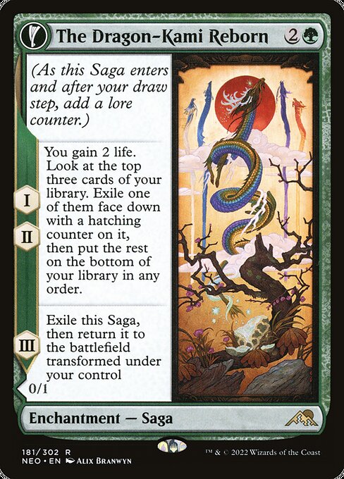 (As this Saga enters and after your draw step, add a lore counter.)
I, II — You gain 2 life. Look at the top three cards of your library. Exile one of them face down with a hatching counter on it, then put the rest on the bottom of your library in any order.
III — Exile this Saga, then return it to the battlefield transformed under your control.   Whenever Dragon-Kami's Egg or a Dragon you control dies, you may cast a creature spell from among cards you own in exile with hatching counters on the