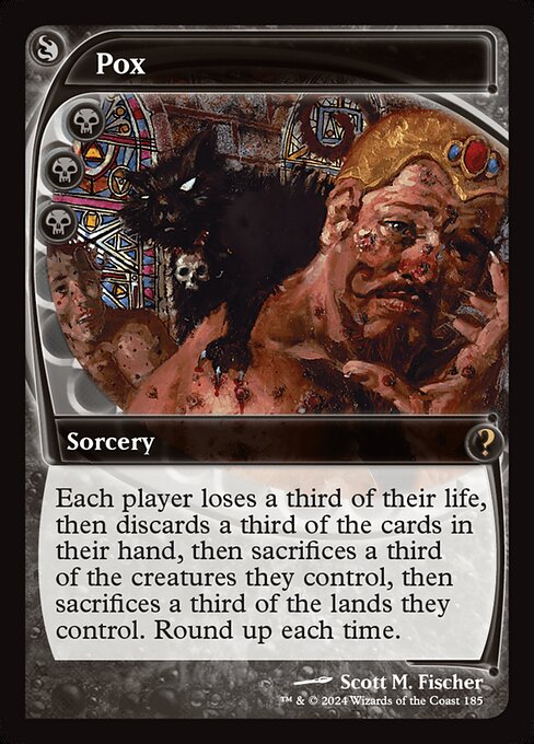 Each player loses a third of their life, then discards a third of the cards in their hand, then sacrifices a third of the creatures they control, then sacrifices a third of the lands they control. Round up each time.